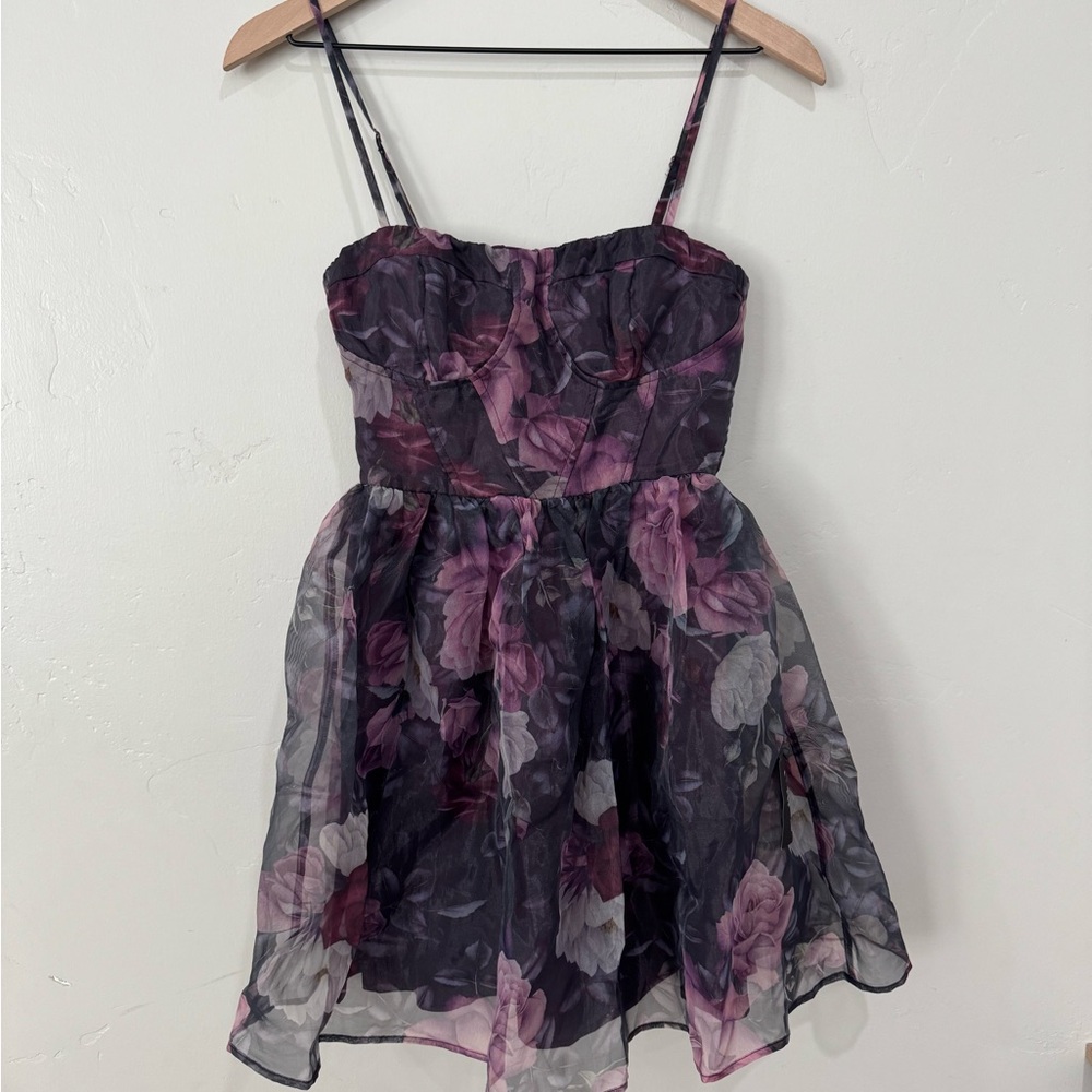 Lulu’s NWT XS Midnight Beauty Black And Purple Floral Print Bustier Mini Dress - Picture 4 of 9